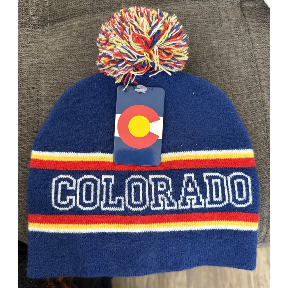 Colorado Adult Beanie‎ Ski Cap Hat with Pom - Red, White, Blue & Gold - NWT